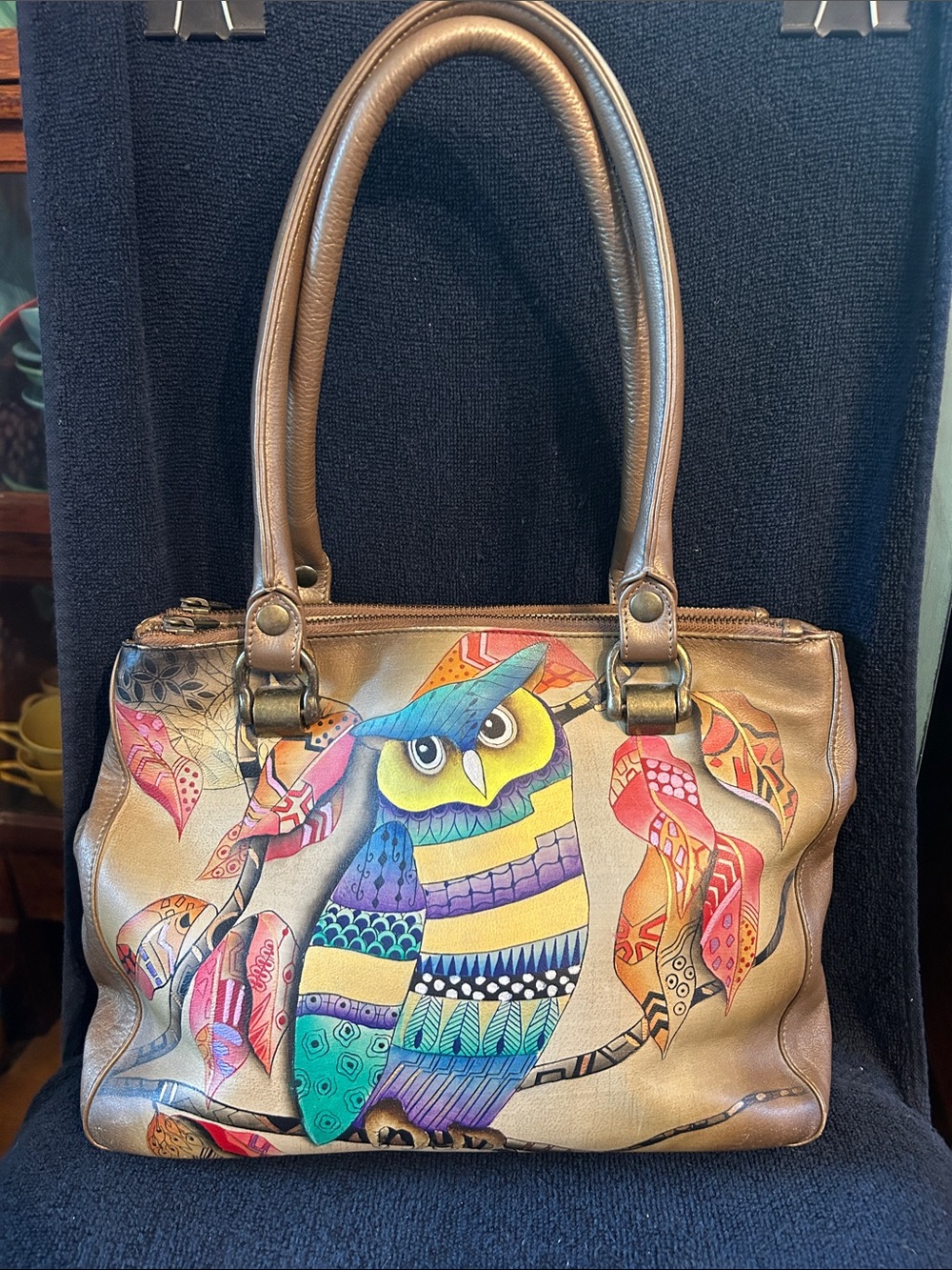 Anuschka Hand Painted Leather Handbag with Colorful Owl & Foliage Artwork